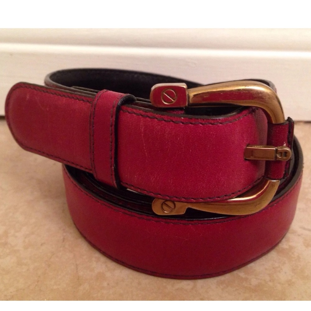 EITENNE AIGNER Vtg 80's Classic Preppy Red Leather Belt Brass Buckle 38 Italy